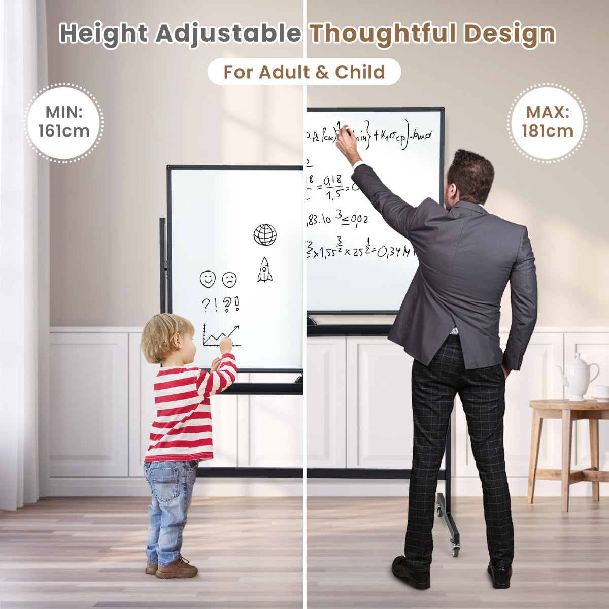 LIVSK Dubbelzijdig Whiteboard - Verstelbare Hoogte 161/181 cm - Magnetisch en Afwasbaar - Inclusief Accessoires - Zwart