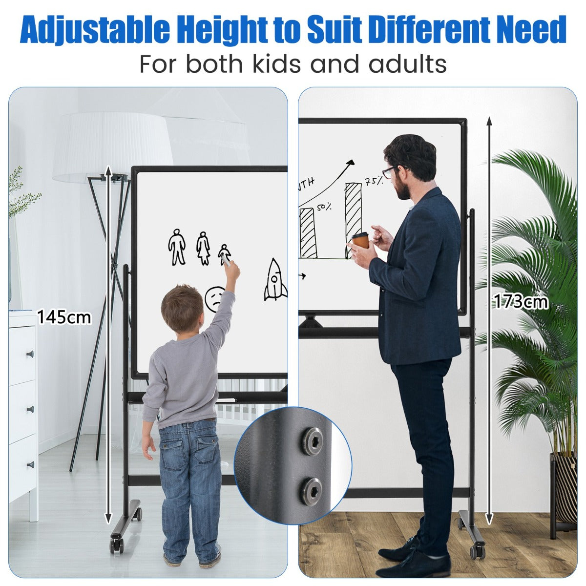 LIVSK Verstelbaar Dubbelzijdig Magnetisch Whiteboard - Hoogte 145-173 cm - 360° Draaibaar - Robuust Aluminium - Zwart + Wit