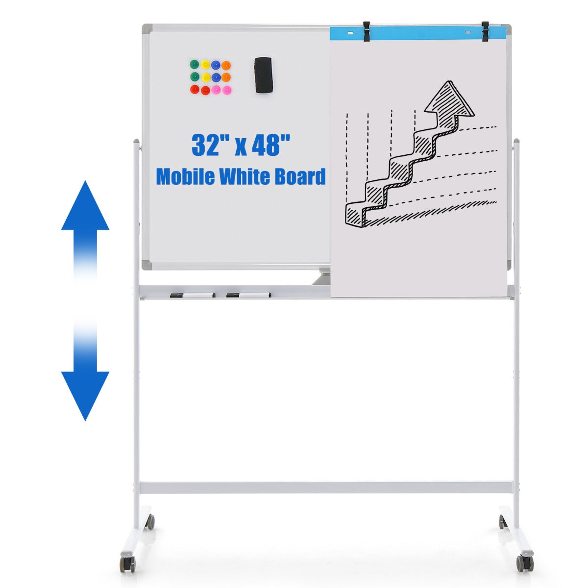 LIVSK Dubbelzijdig Magnetisch Whiteboard - Verstelbaar van 145-173 cm - Robuust Aluminium - 4 Wielen - Inclusief Accessoires - Wit