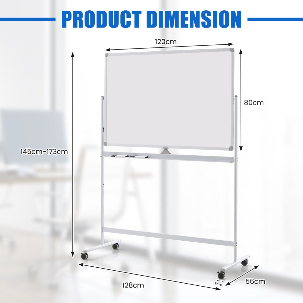 LIVSK Dubbelzijdig Magnetisch Whiteboard - Verstelbaar van 145-173 cm - Robuust Aluminium - 4 Wielen - Inclusief Accessoires - Wit