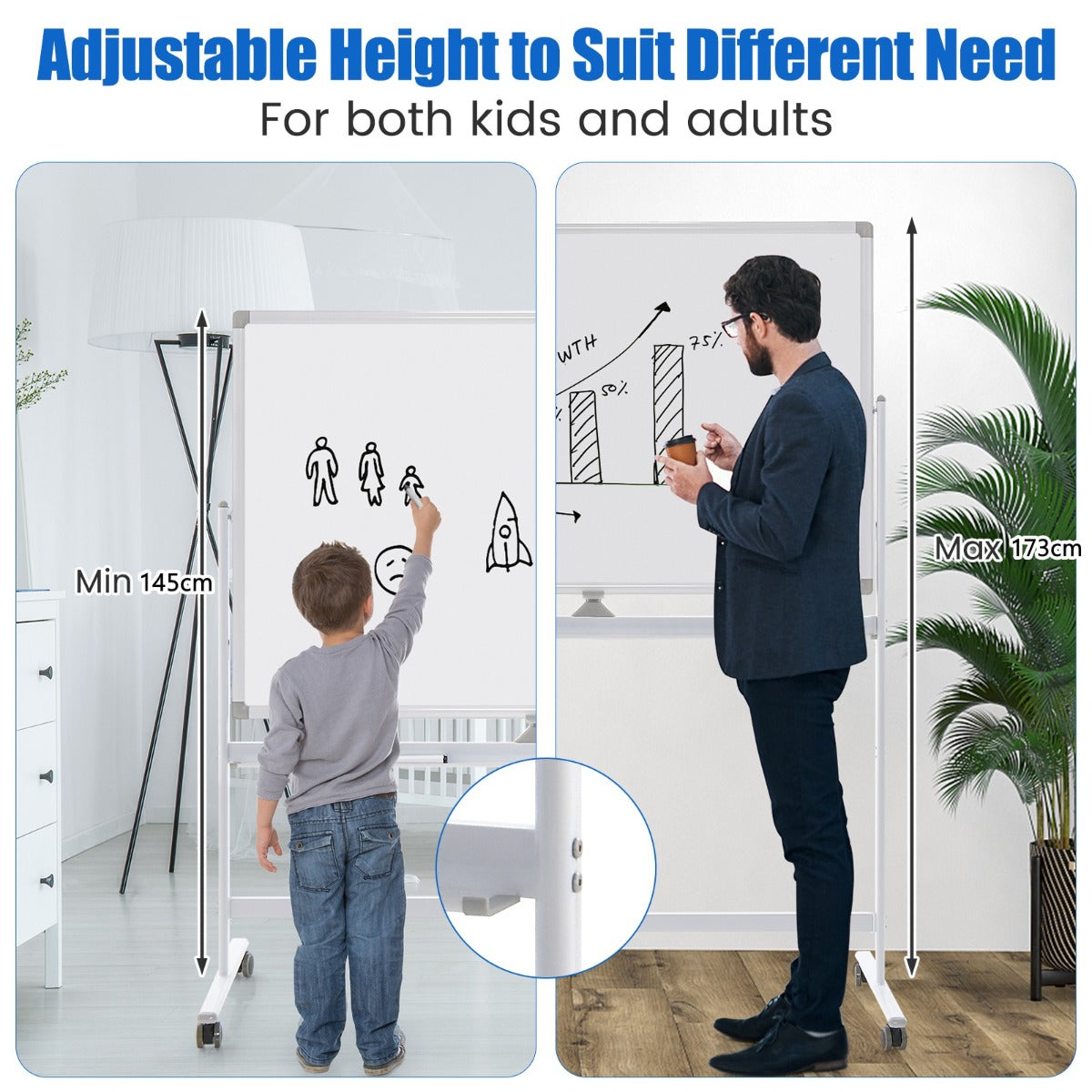 LIVSK Dubbelzijdig Magnetisch Whiteboard - Verstelbaar van 145-173 cm - Robuust Aluminium - 4 Wielen - Inclusief Accessoires - Wit