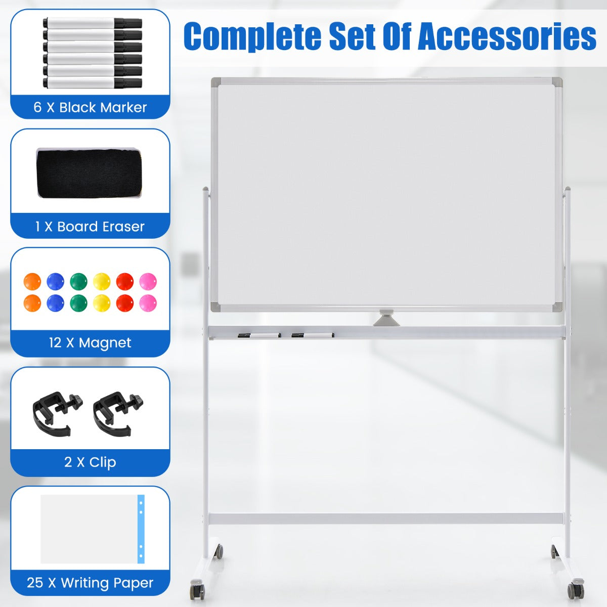 LIVSK Dubbelzijdig Magnetisch Whiteboard - Verstelbaar van 145-173 cm - Robuust Aluminium - 4 Wielen - Inclusief Accessoires - Wit