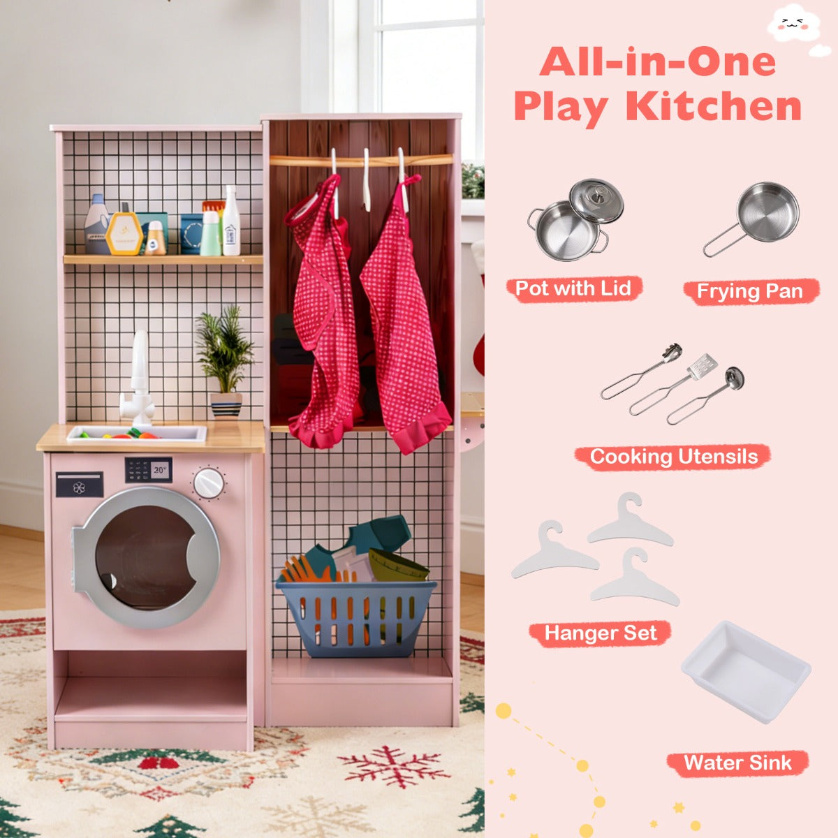 Livsk costway dubbelzijdige kinderkeuken houten speelkeukenset met waterdispenser afzuigkap magnetron en kookgerei roze 5