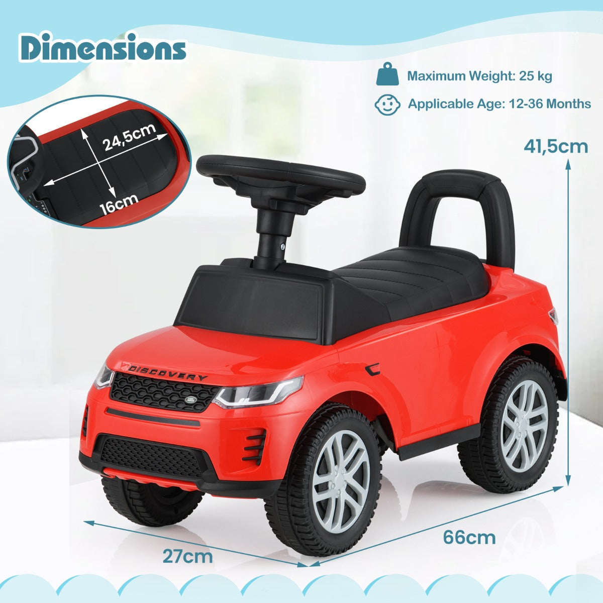 LIVSK Loopauto met Opbergruimte - Realistische Toeter en Geluiden - Stabiel 4-Wielontwerp - Max. 25 kg - Rood