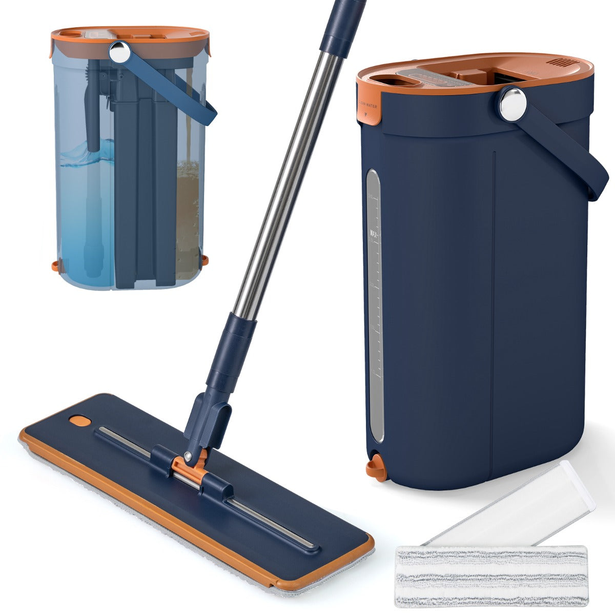 Livsk costway dweil en emmerset met wringfunctie dweilemmer met drie compartimenten marineblauw