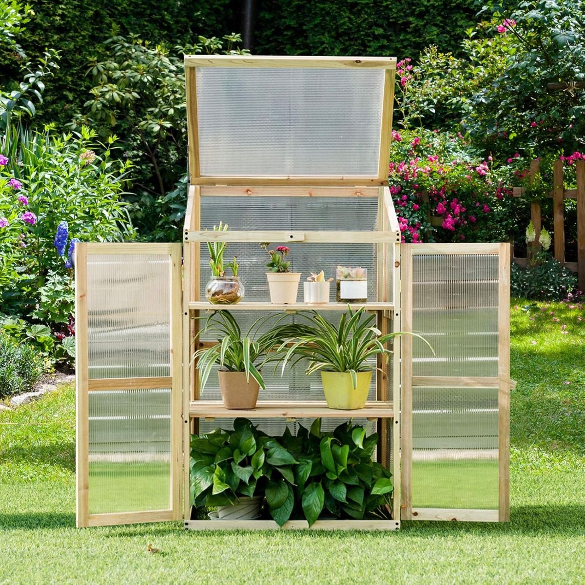 Livsk costway een kas in schuurstijl en een verhoogde houten kas met planken voor het beschermen en kweken van planten in de tuin 4