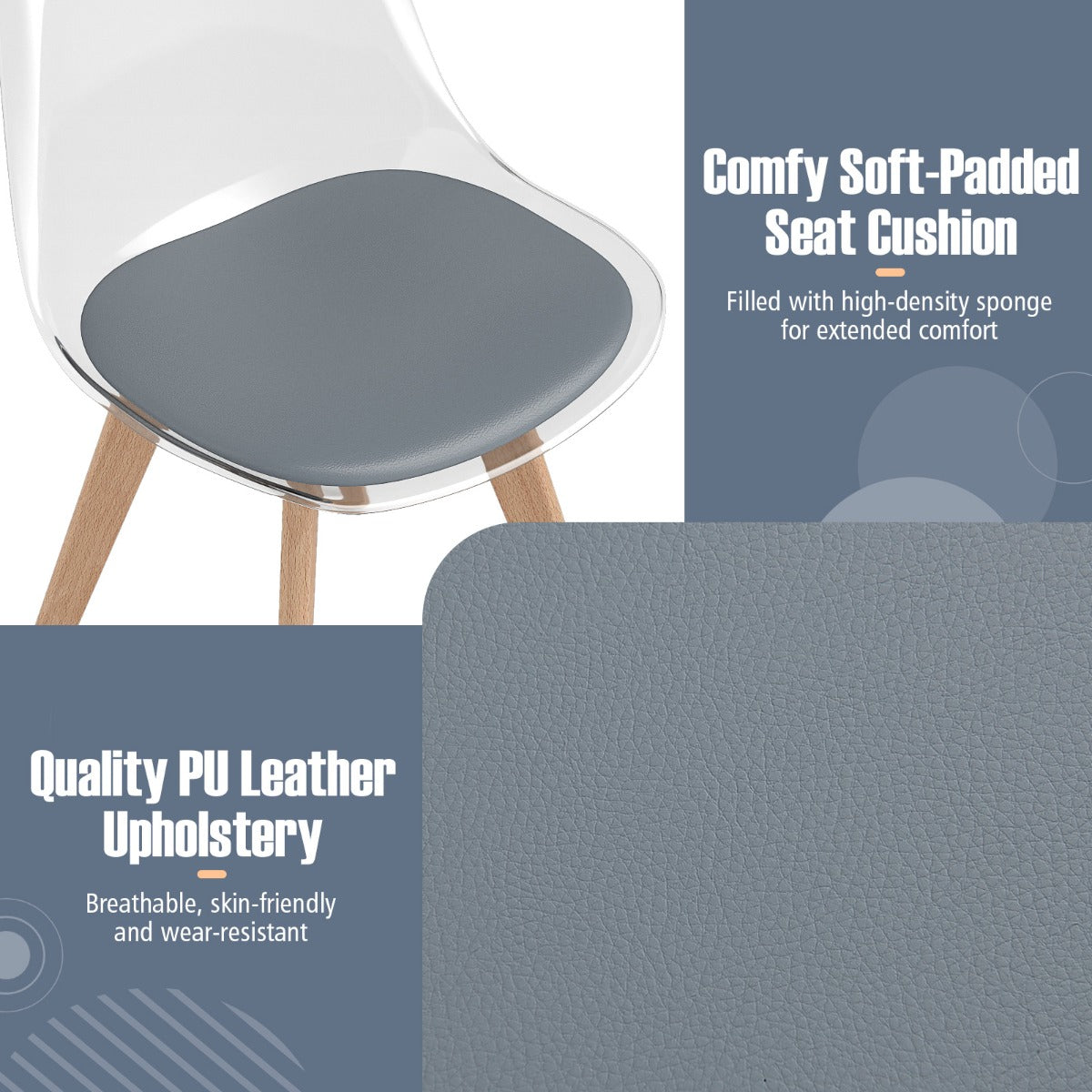 Livsk costway een set van 4 transparante eetkamerstoelen moderne ghost stoelen zonder armleuningen grijs 2