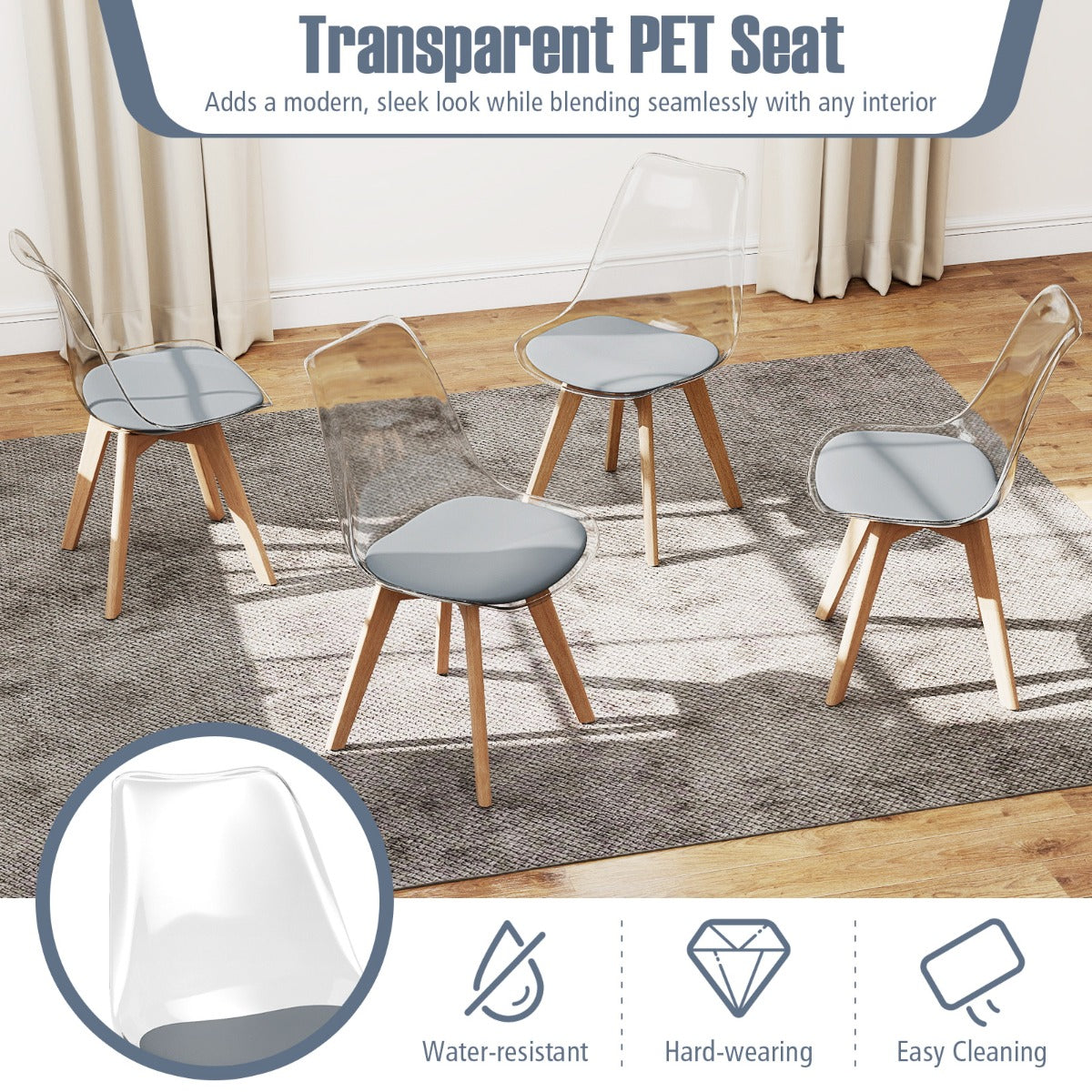 Livsk costway een set van 4 transparante eetkamerstoelen moderne ghost stoelen zonder armleuningen grijs 5