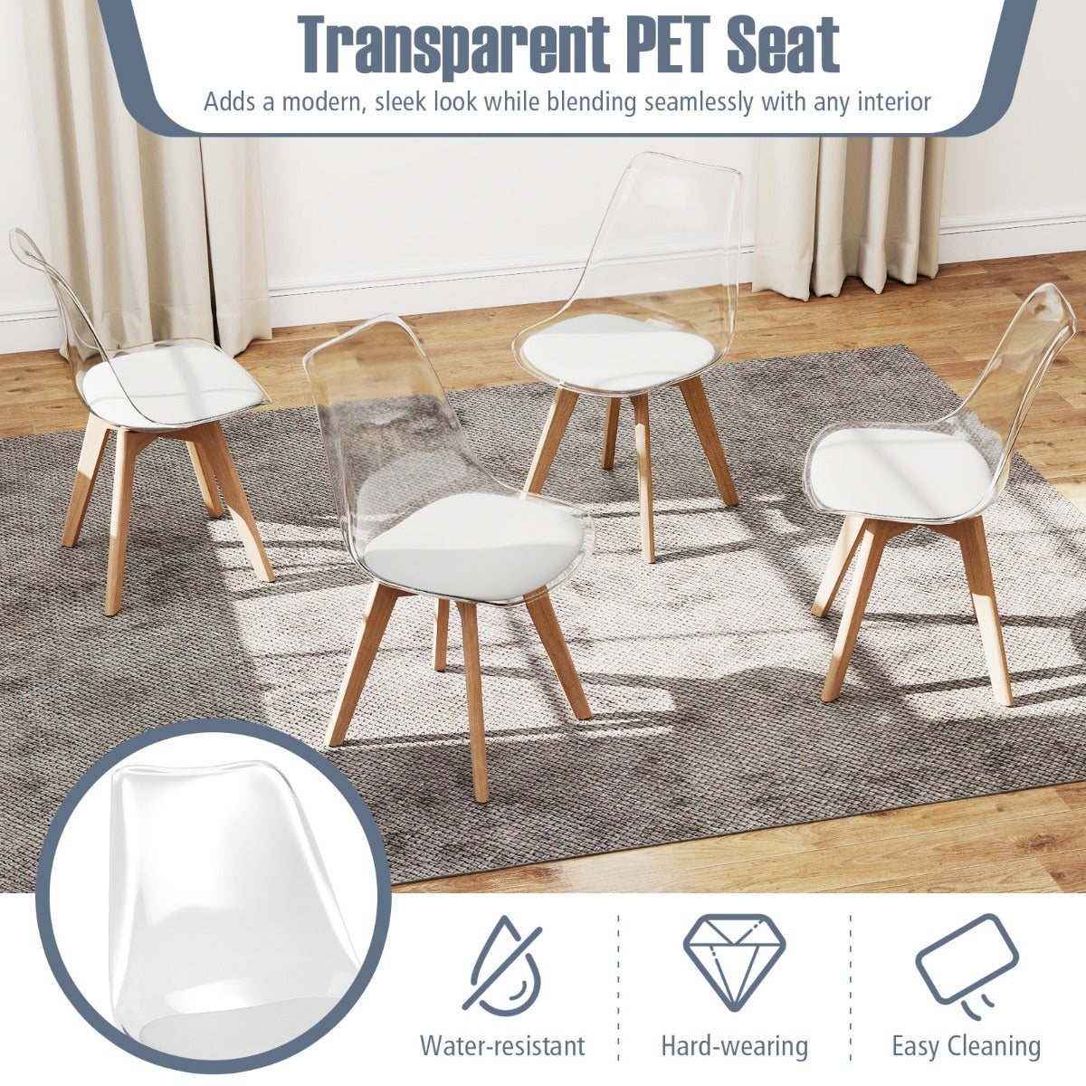Livsk costway een set van 4 transparante eetkamerstoelen moderne ghost stoelen zonder armleuningen wit 5