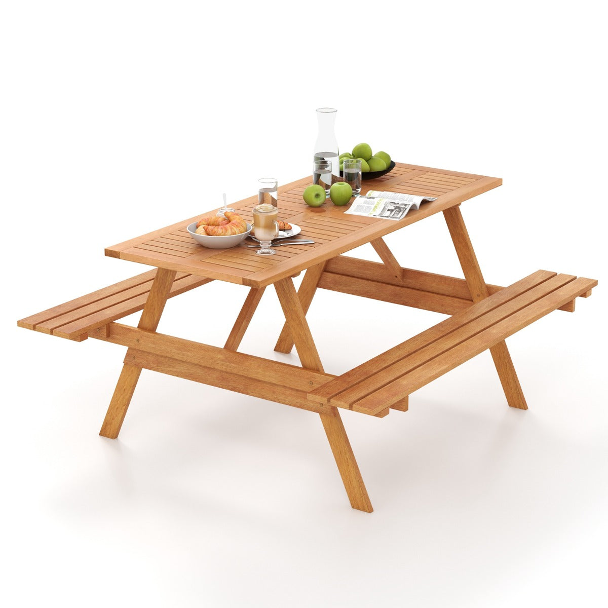 LIVSK Picknicktafel en Bank Set - Voor 6 Personen - Massief Hardhout - Parasolkraag - Natuurlijke Houtkleur