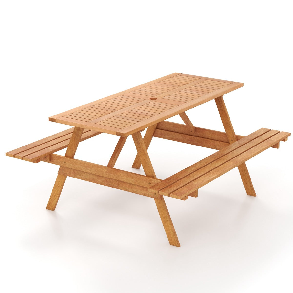 LIVSK Picknicktafel en Bank Set - Voor 6 Personen - Massief Hardhout - Parasolkraag - Natuurlijke Houtkleur