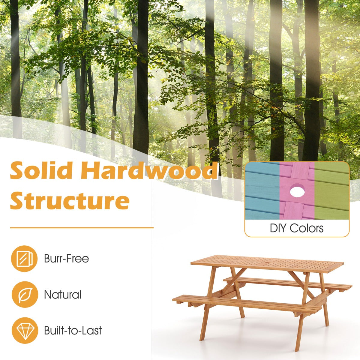 LIVSK Picknicktafel en Bank Set - Voor 6 Personen - Massief Hardhout - Parasolkraag - Natuurlijke Houtkleur