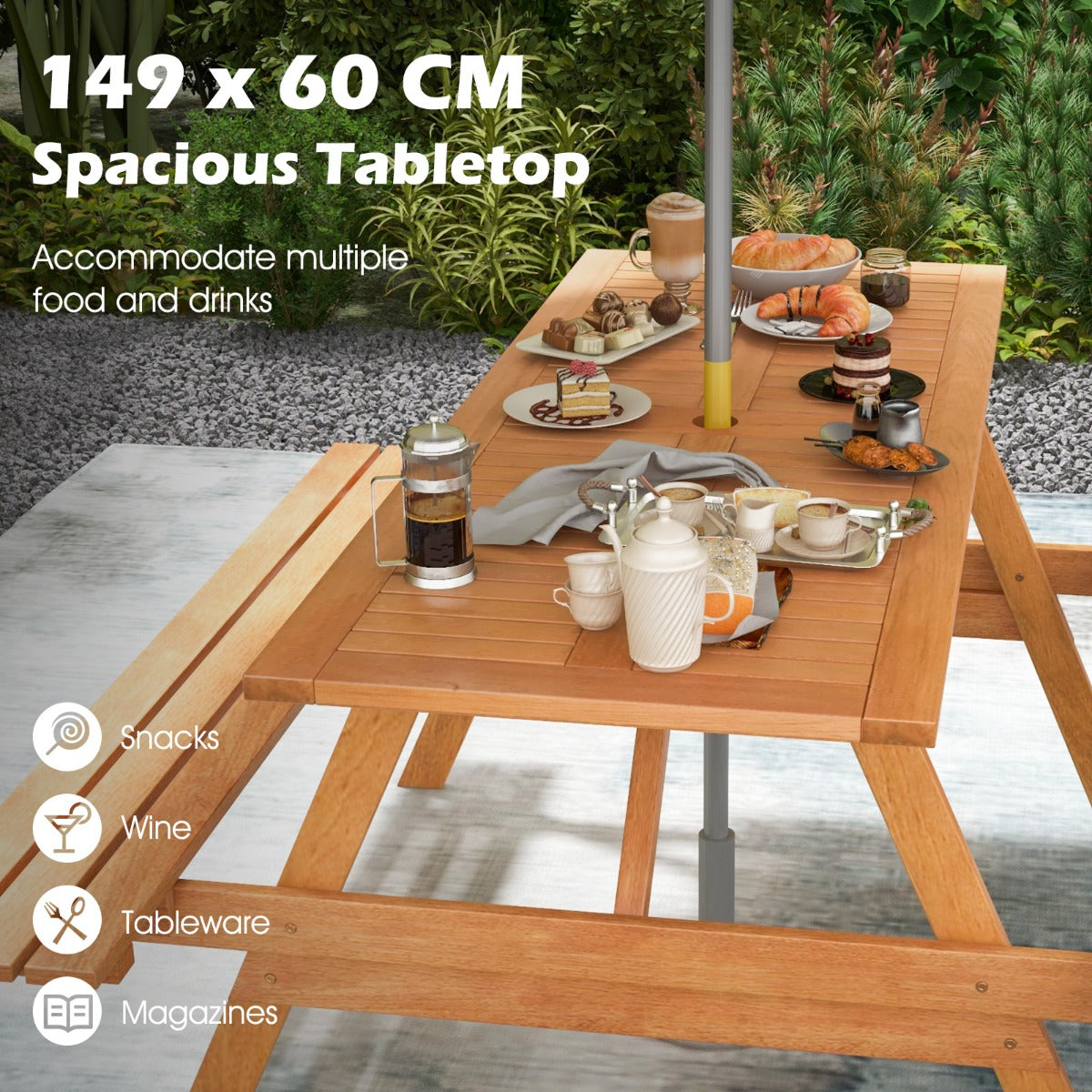 LIVSK Picknicktafel en Bank Set - Voor 6 Personen - Massief Hardhout - Parasolkraag - Natuurlijke Houtkleur