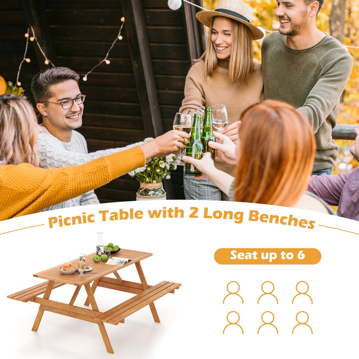 LIVSK Picknicktafel en Bank Set - Voor 6 Personen - Massief Hardhout - Parasolkraag - Natuurlijke Houtkleur