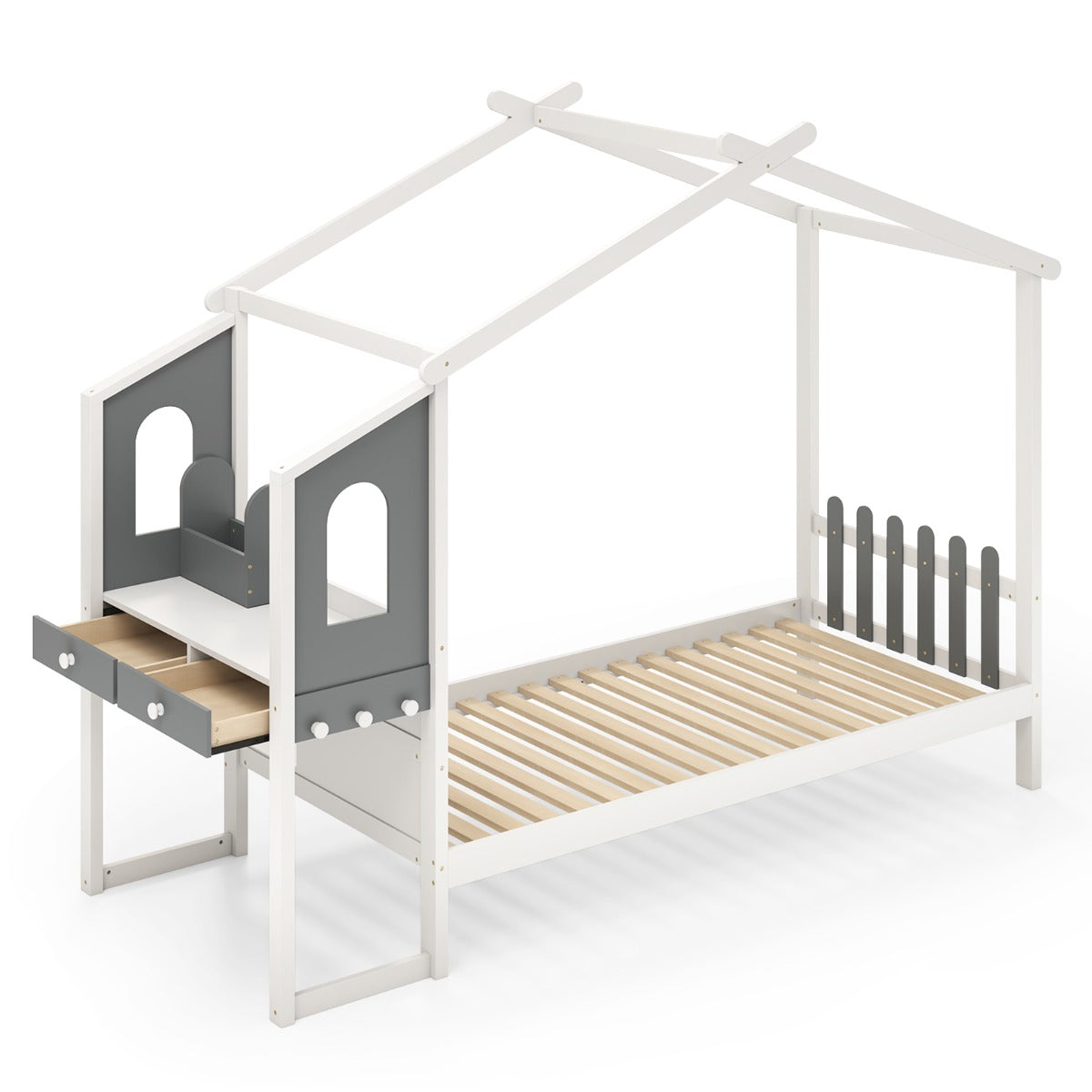 LIVSK Huisvormig Bedframe met Bureau - Massief Hout - Opberglades en Haken - Tot 150 kg - 200 x 90 cm - Wit + Grijs