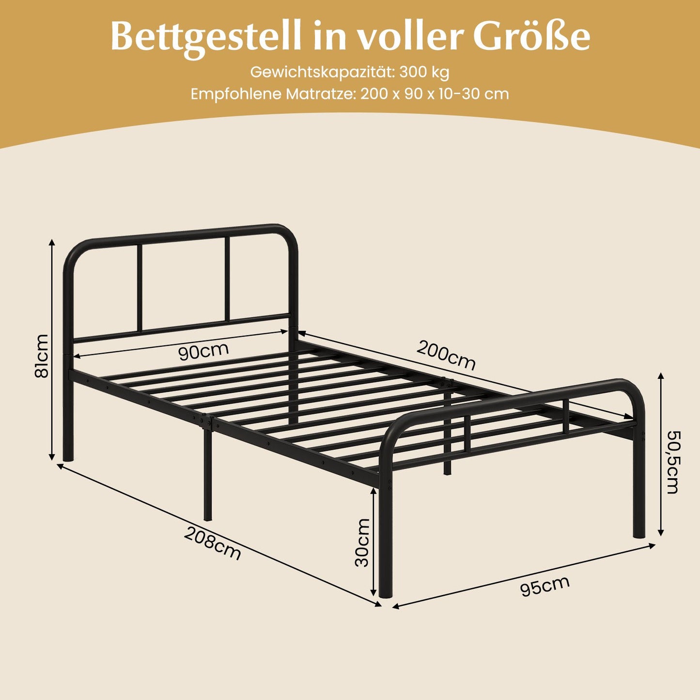 LIVSK Metalen Platformbed - Voeteneinde - Geventileerd Lattenbodem - Ondersteuning tot 220 kg - Eenvoudige Montage - Zwart
