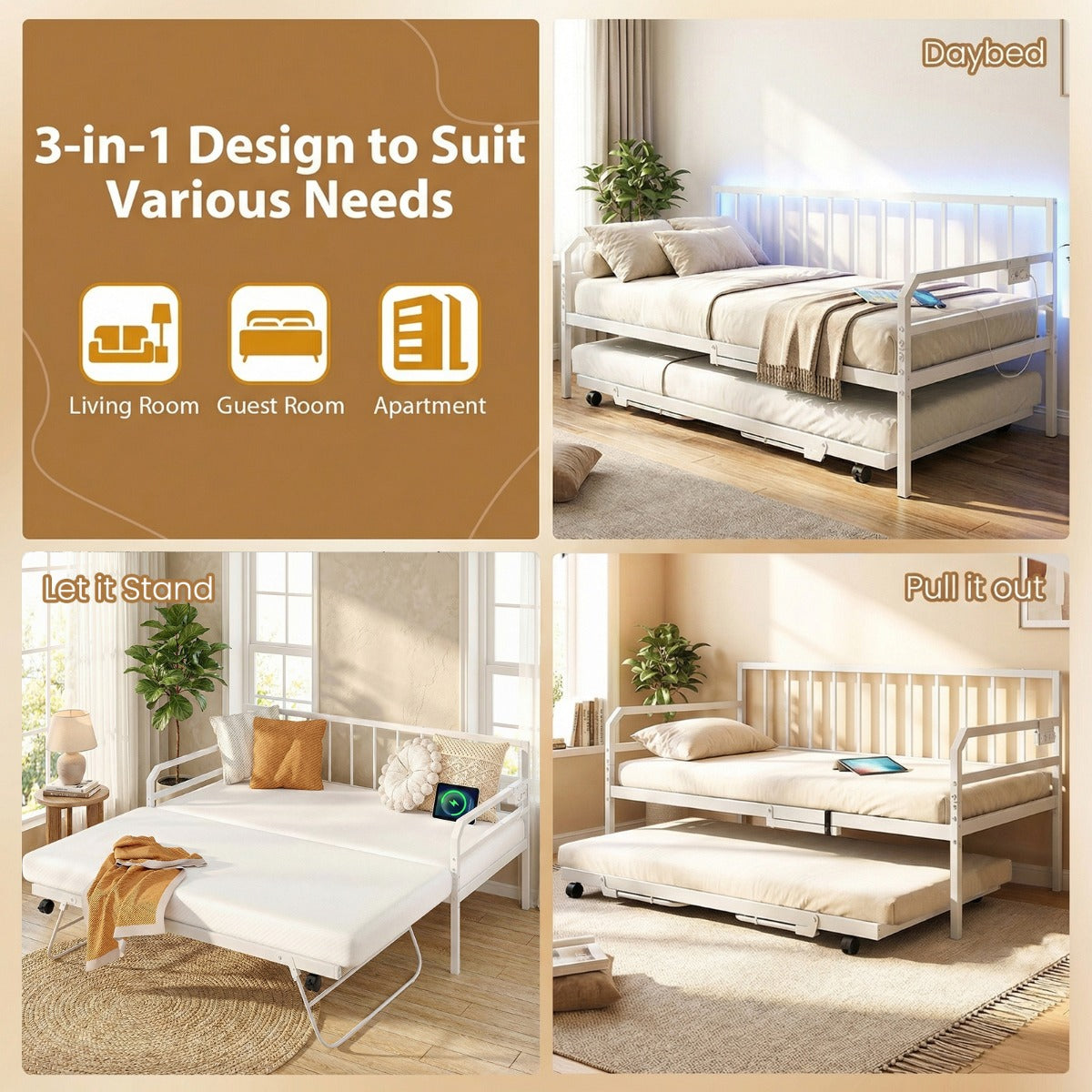 Livsk costway eenpersoonsdagbed met led verlichting en oplaadstation metalen slaapbankframe met uitschuifbaar onderschuifbed wit