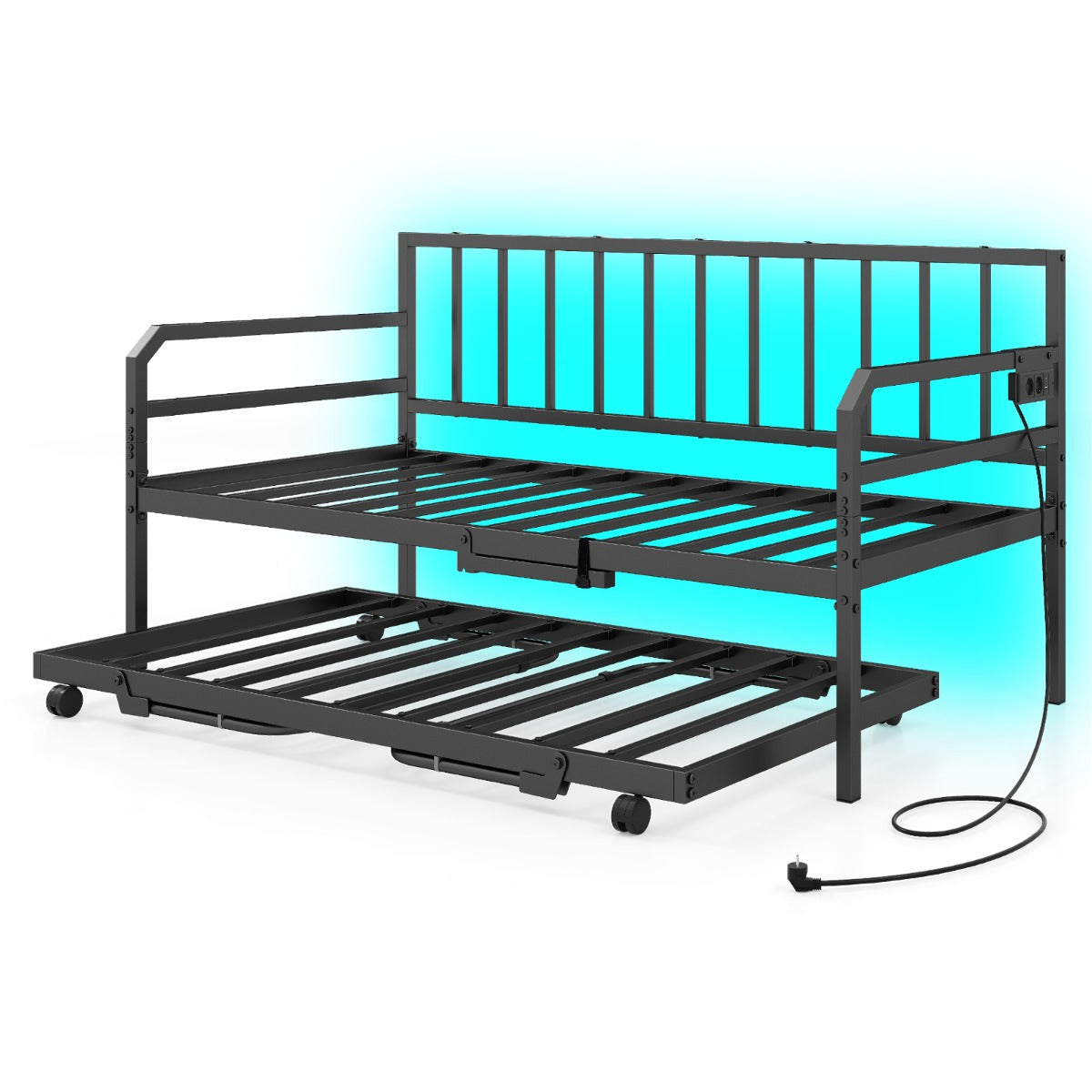 Livsk costway eenpersoonsdagbed met led verlichting en oplaadstation metalen slaapbankframe met uitschuifbaar onderschuifbed zwart 1