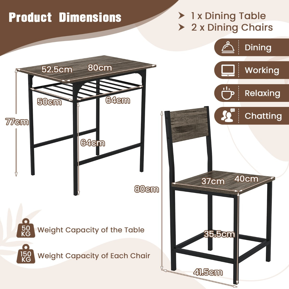 LIVSK 3-delige Eetset - Tafel 80 x 52,5 x 77 cm en 2 Stoelen - Waterbestendig - Ingebouwd Opbergrek - Grijs