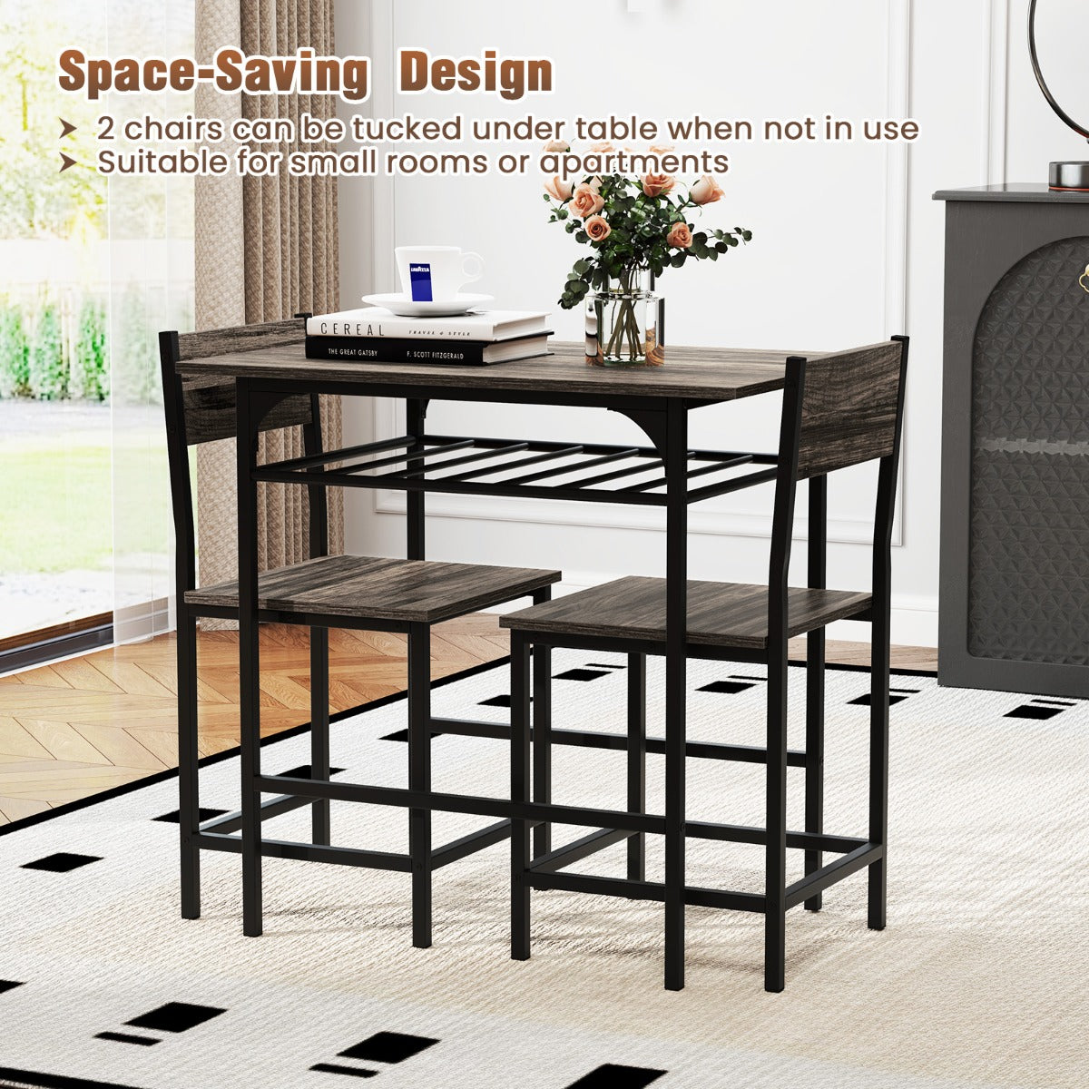 LIVSK 3-delige Eetset - Tafel 80 x 52,5 x 77 cm en 2 Stoelen - Waterbestendig - Ingebouwd Opbergrek - Grijs