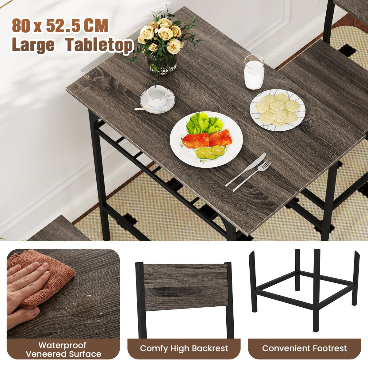 LIVSK 3-delige Eetset - Tafel 80 x 52,5 x 77 cm en 2 Stoelen - Waterbestendig - Ingebouwd Opbergrek - Grijs