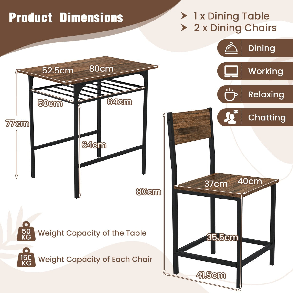 LIVSK 3-delige Eetset - Tafel 80 x 52,5 x 77 cm en 2 Stoelen - Waterbestendig en Ruimtebesparend - Bruin