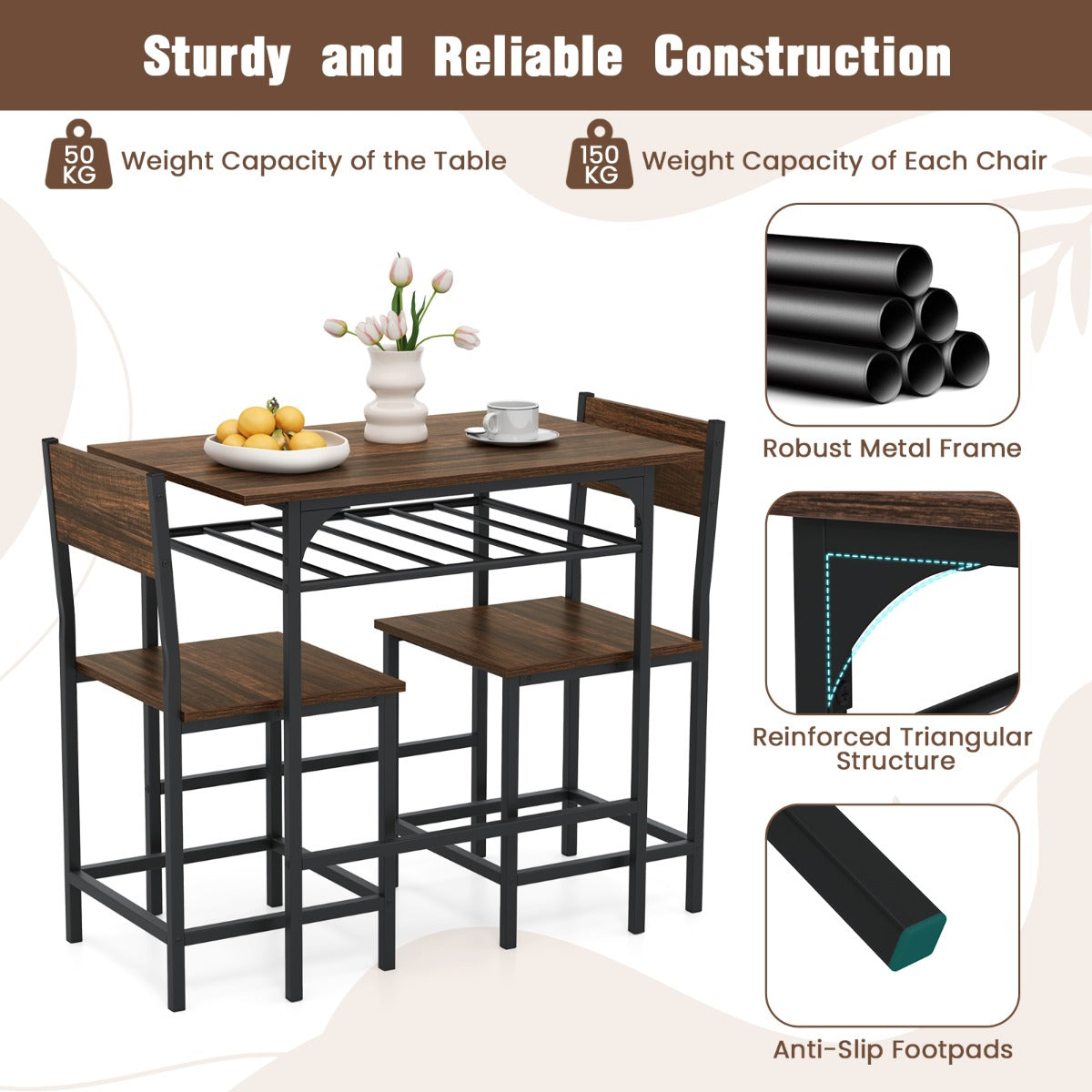 LIVSK 3-delige Eetset - Tafel 80 x 52,5 x 77 cm en 2 Stoelen - Waterbestendig en Ruimtebesparend - Bruin