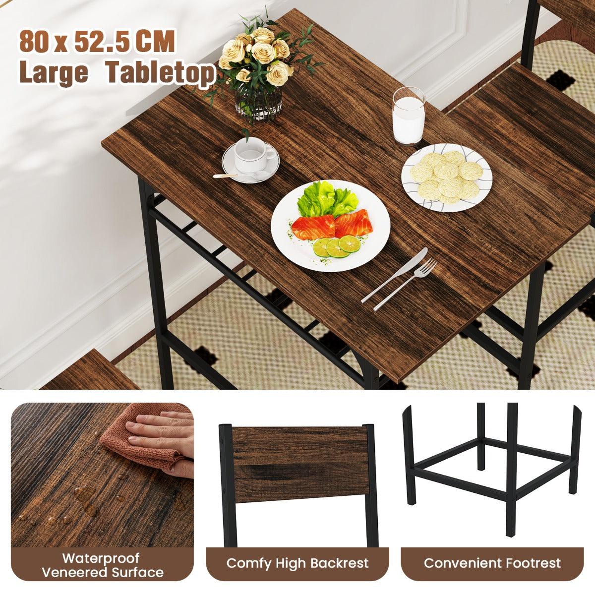 LIVSK 3-delige Eetset - Tafel 80 x 52,5 x 77 cm en 2 Stoelen - Waterbestendig en Ruimtebesparend - Bruin