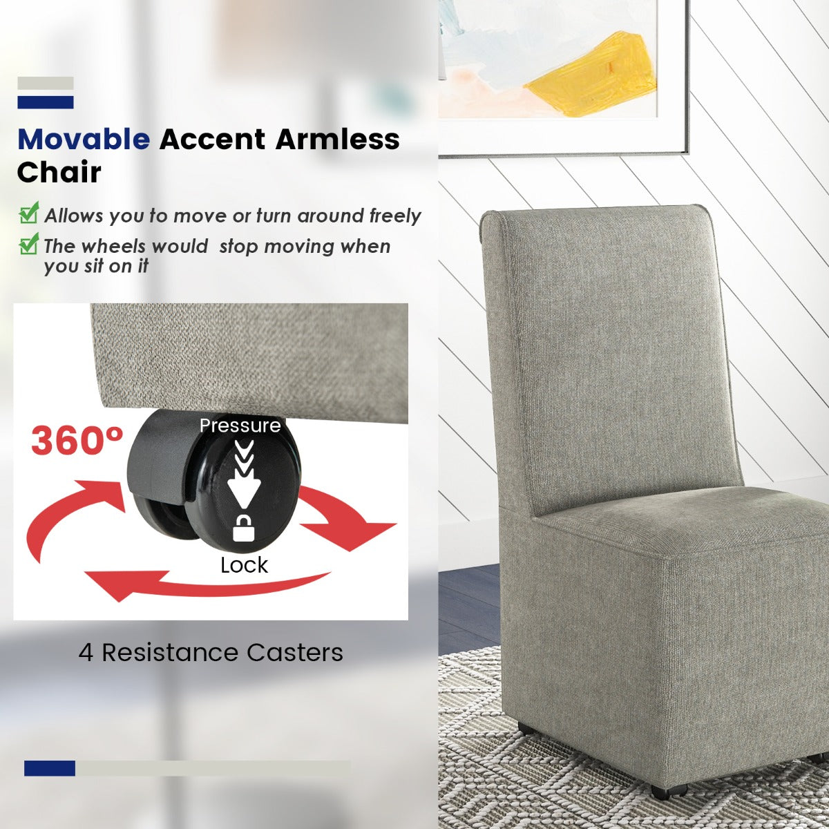 LIVSK Accentstoel - Ergonomisch Design met Weerstandswielen - Afneembare Hoes - 47 x 60,5 x 98 cm - Grijs