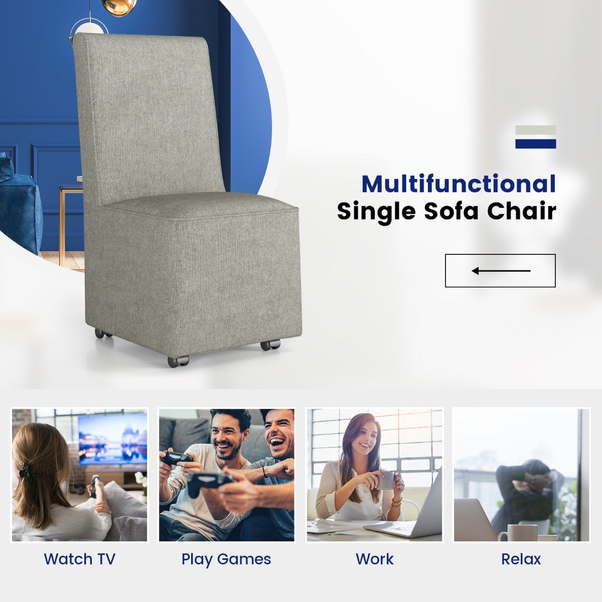 LIVSK Accentstoel - Ergonomisch Design met Weerstandswielen - Afneembare Hoes - 47 x 60,5 x 98 cm - Grijs