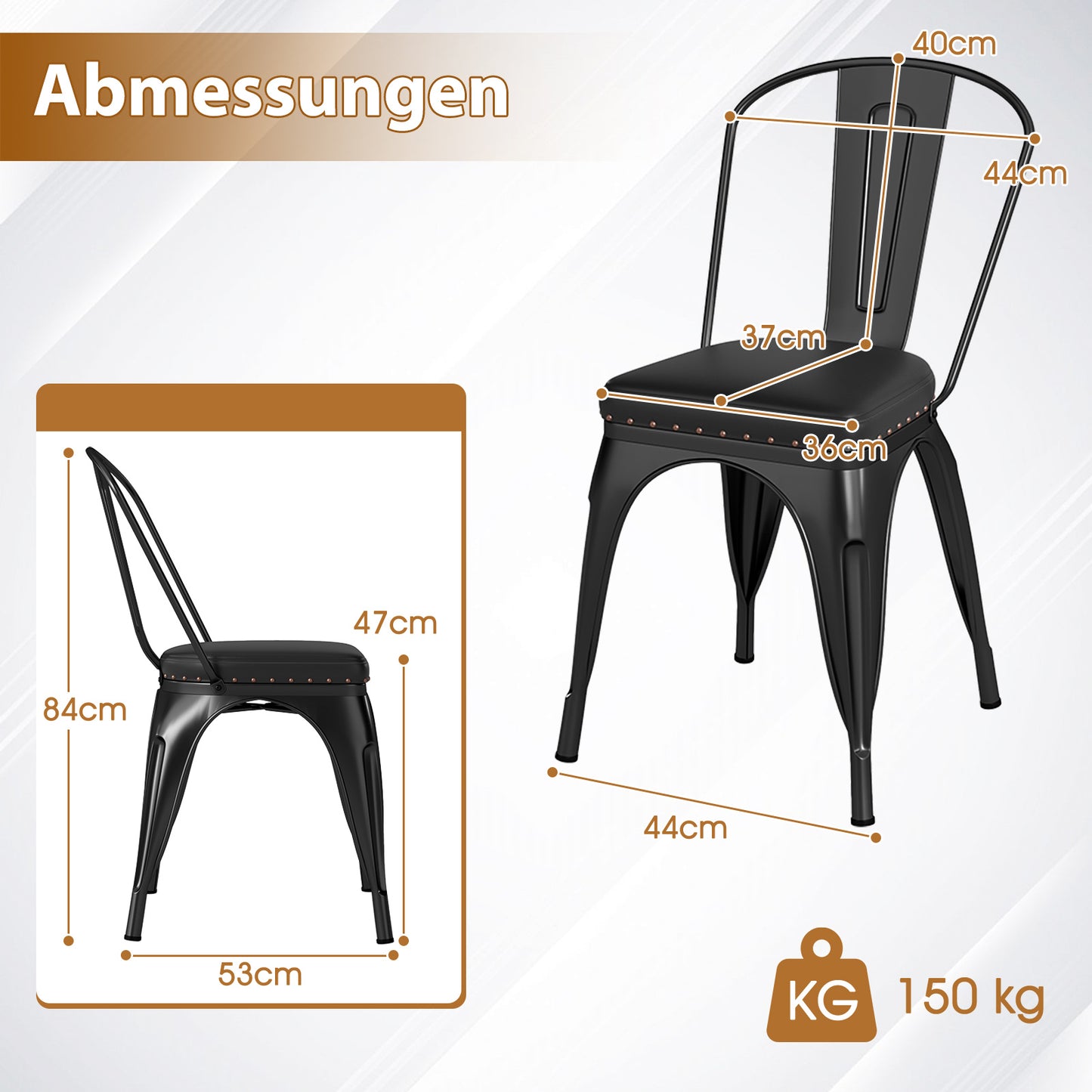LIVSK Luxe Gewatteerde Eetkamerstoelen Set - Stapelbaar en Flexibel - Robuust Metaal - Draagvermogen 150 kg - Zwart