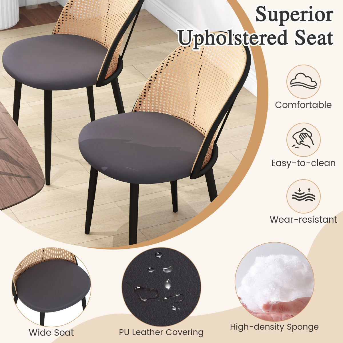 LIVSK Eetkamerstoelen met Mesh Rieten Rugleuning - Ergonomisch Design - Stabiele Metalen Poten - Comfortabele PU-Leren Zitting -