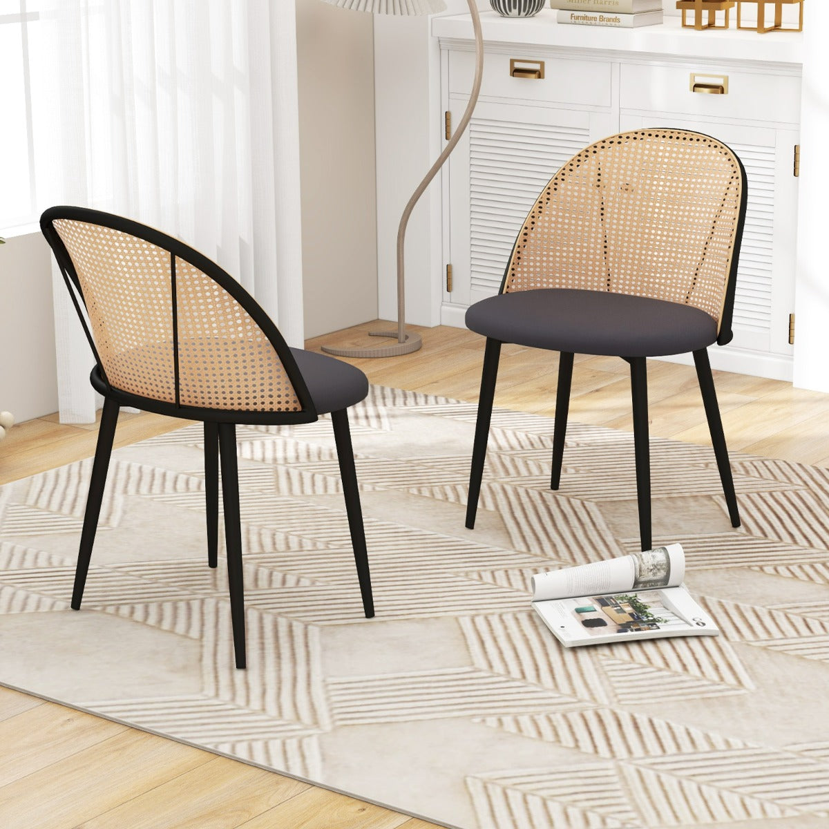 LIVSK Eetkamerstoelen met Mesh Rieten Rugleuning - Ergonomisch Design - Stabiele Metalen Poten - Comfortabele PU-Leren Zitting -