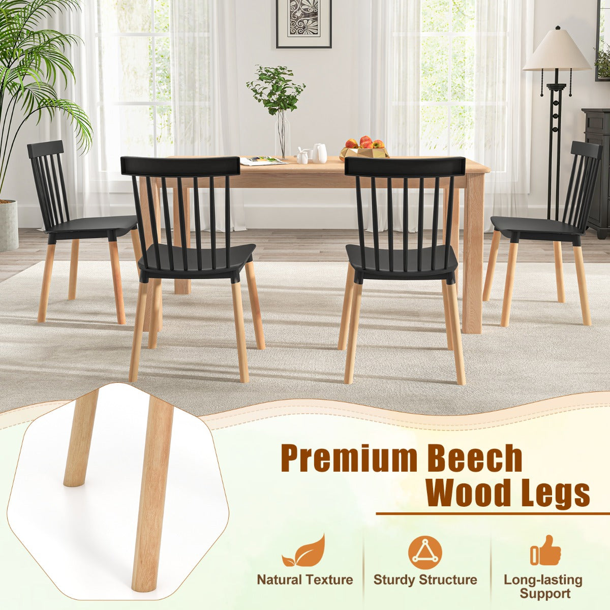 LIVSK Windsor Eetkamerstoelen Set van 4 - Beukenhouten Poten - Ergonomisch - Antislip - Tot 150 kg - Zwart