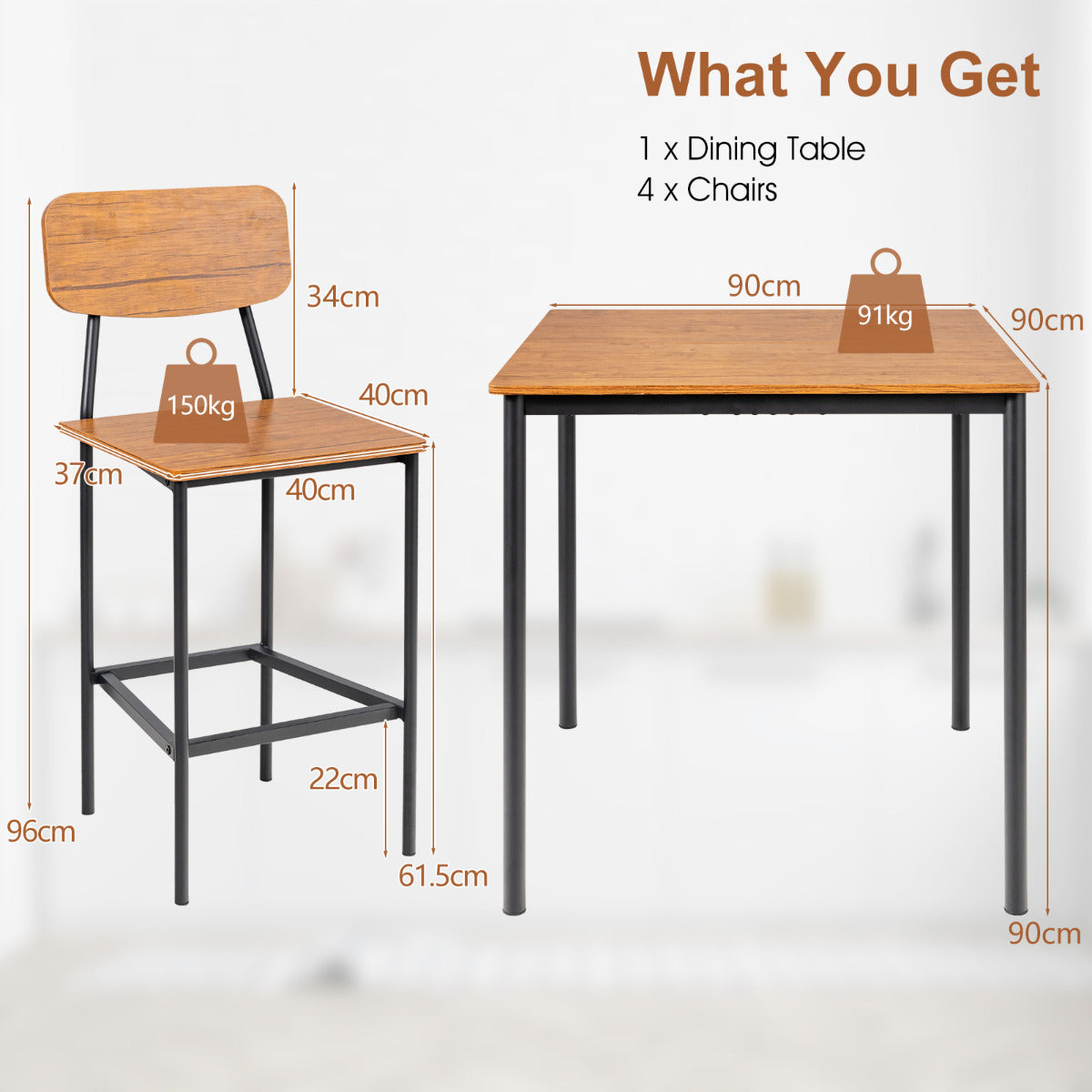 LIVSK 5-Delige Eettafelset op Counterhoogte - MDF Tafelblad - Ruimtebesparend met Opbergbaarheid - Ergonomische Krukken - Walnoot