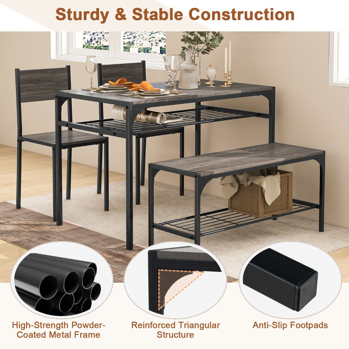 LIVSK Eetkamertafelset 4-Delig - Inclusief 2 Stoelen en Bank - Praktisch met Opbergruimte - Voor 4 Personen - Eik Grijs + Zwart