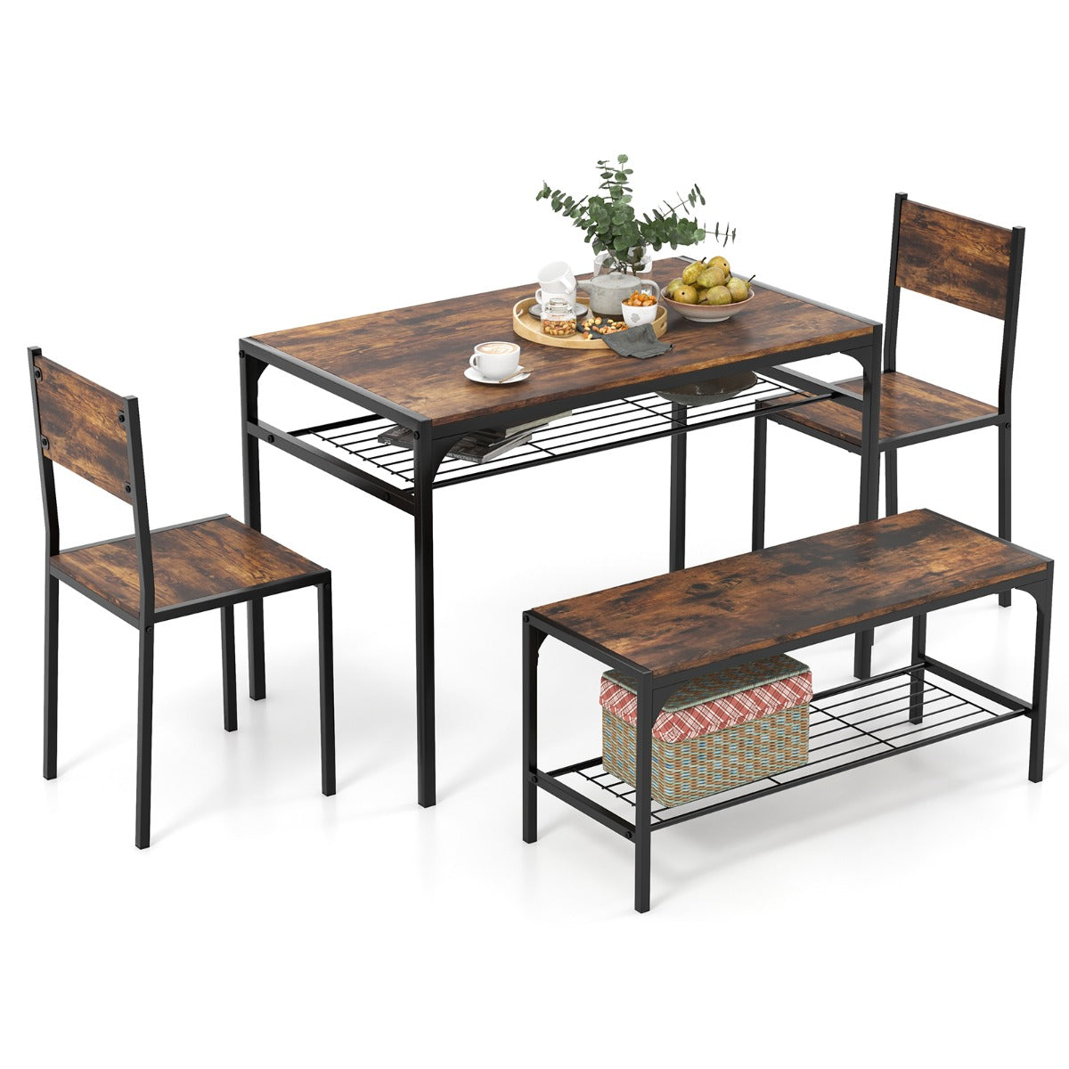 LIVSK 4-Delige Eetkamertafelset - Tafel, 2 Stoelen en Bank - Opbergrek - Stabiel Metaal - Voor 4 Personen - Rustiek bruin + Zwart