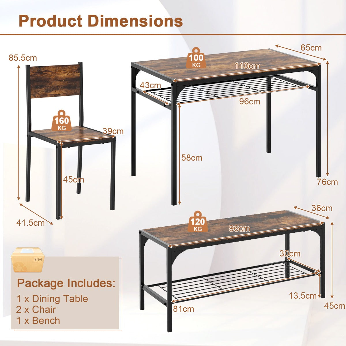 LIVSK 4-Delige Eetkamertafelset - Tafel, 2 Stoelen en Bank - Opbergrek - Stabiel Metaal - Voor 4 Personen - Rustiek bruin + Zwart