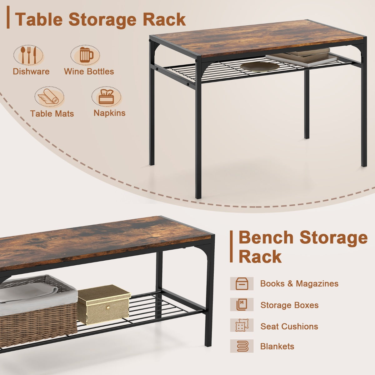 LIVSK 4-Delige Eetkamertafelset - Tafel, 2 Stoelen en Bank - Opbergrek - Stabiel Metaal - Voor 4 Personen - Rustiek bruin + Zwart