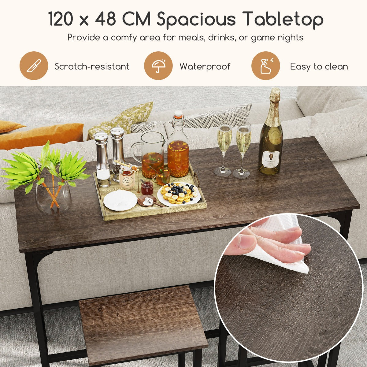 LIVSK 3-delige Bartafelset - Hoge Rechthoekige Tafel met 2 Krukken - Stevig Metaal - Ruimtebesparend - Rustieke Stijl - Grijs +