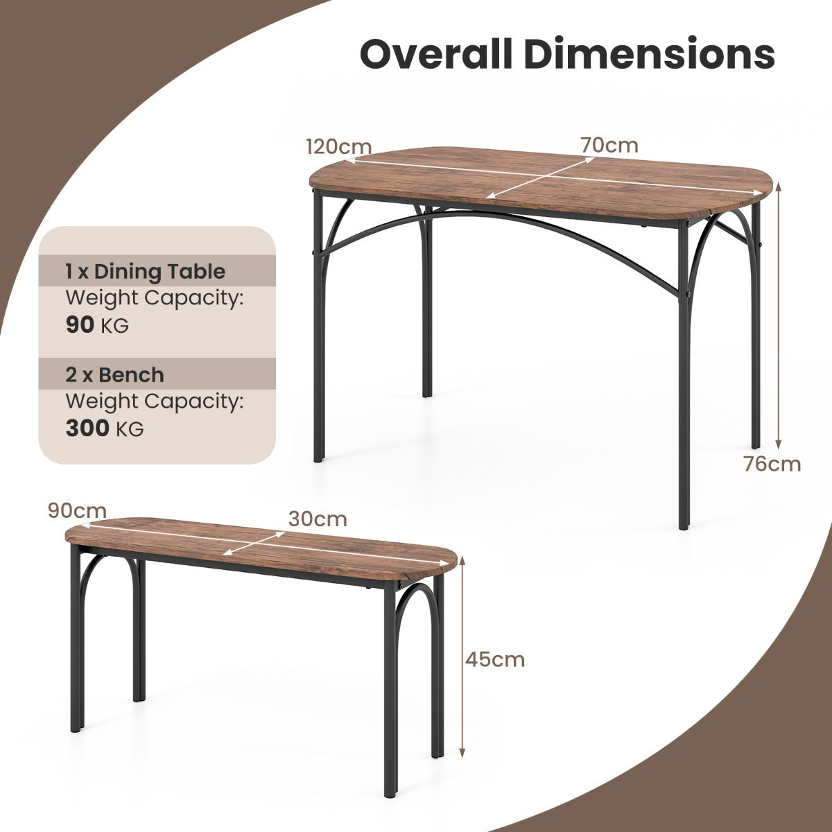 LIVSK 3-delige Eettafelset voor 4 Personen - Rechthoekige Tafel 120 x 70 x 76 cm - 2 Banken - Industriële Stijl - Bruin + Zwart