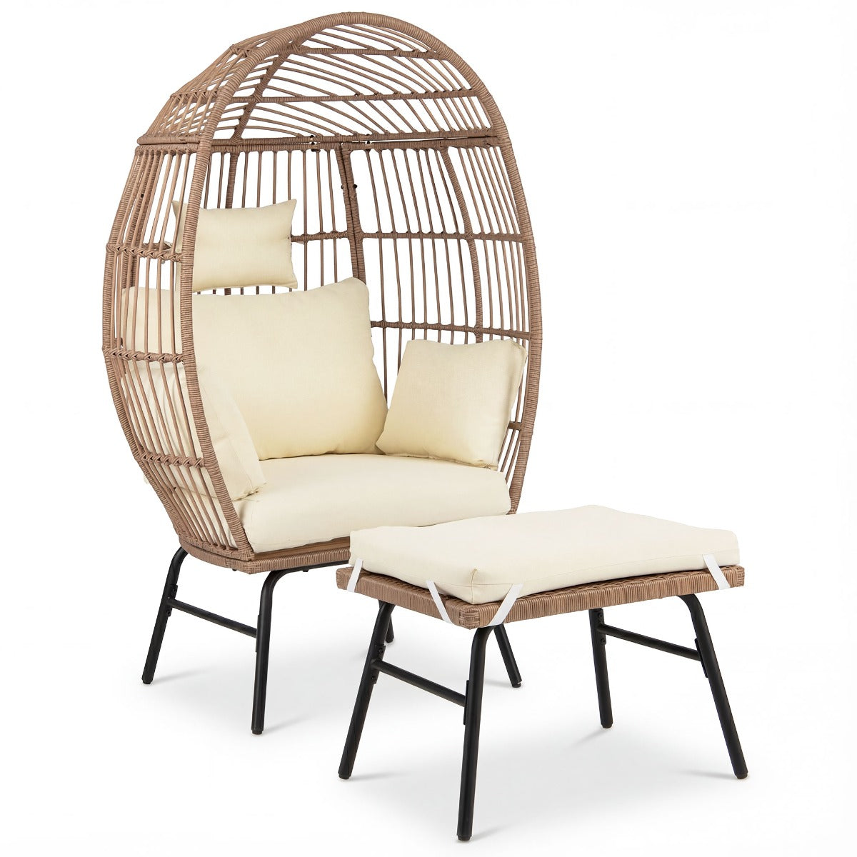 Livsk costway eierstoel rotan met voetenbank tuinligstoel loungestoel met comfortabele kussens en bekleding rotanfauteuil rotanstoel