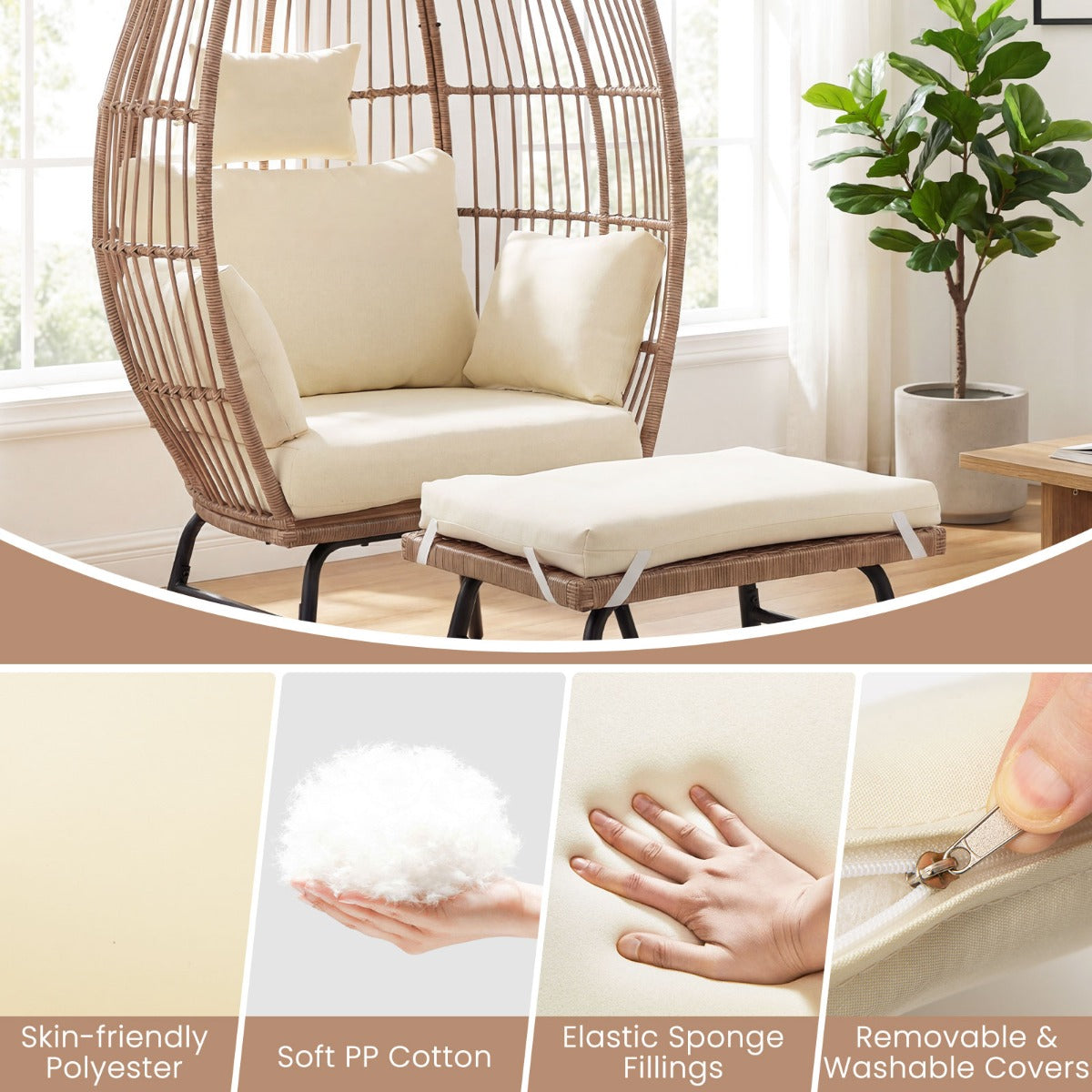 Livsk costway eierstoel rotan met voetenbank tuinligstoel loungestoel met comfortabele kussens en bekleding rotanfauteuil rotanstoel 5