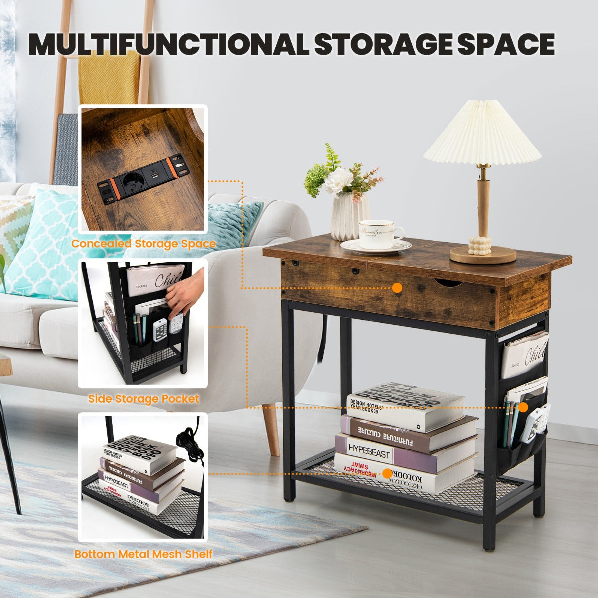 LIVSK Multifunctionele Bijzettafel met Oplaadstation - 1 Stopcontact en 2 USB-poorten - Ruime Opbergruimte - Stevige Constructie