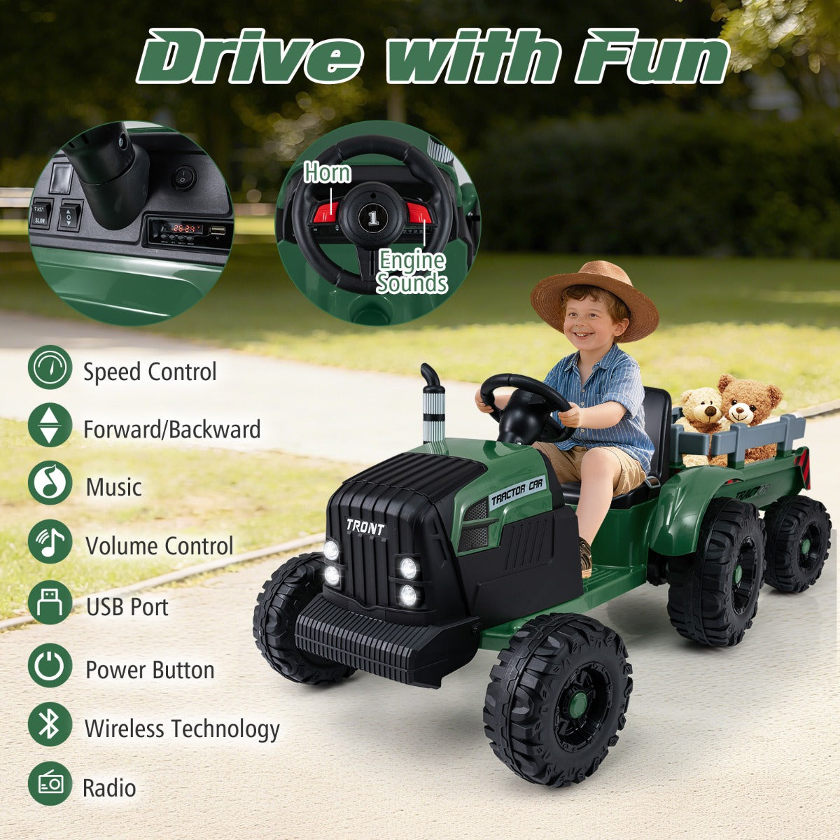Livsk costway elektrisch kindervoertuig kindertractor met afneembare aanhanger donkergroen 3
