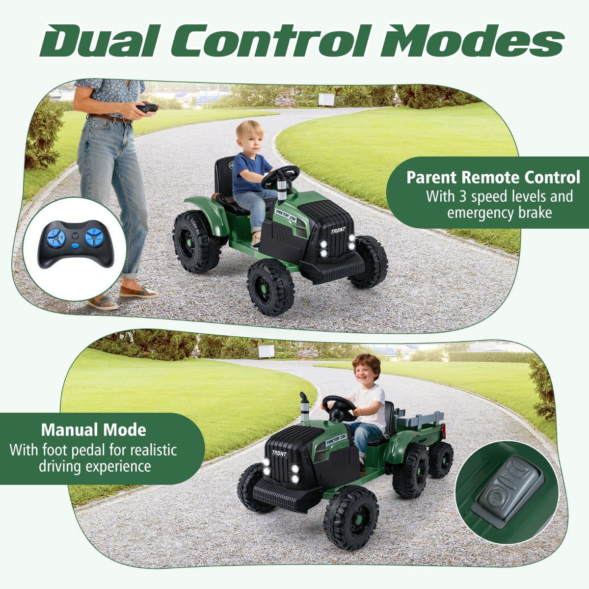 Livsk costway elektrisch kindervoertuig kindertractor met afneembare aanhanger donkergroen 4