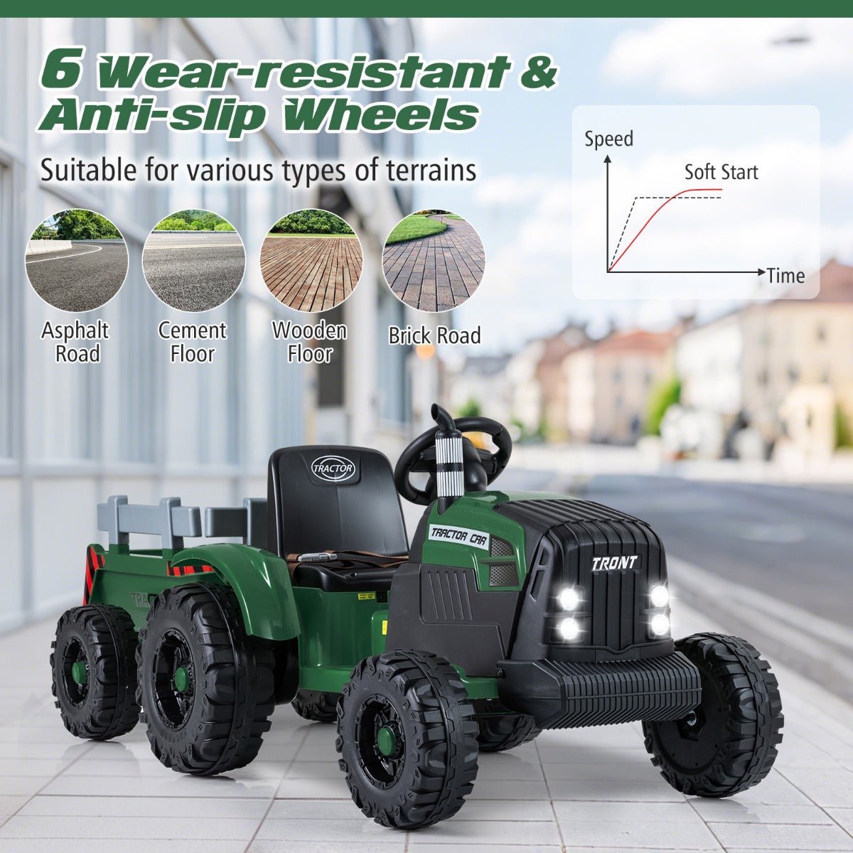 Livsk costway elektrisch kindervoertuig kindertractor met afneembare aanhanger donkergroen 6
