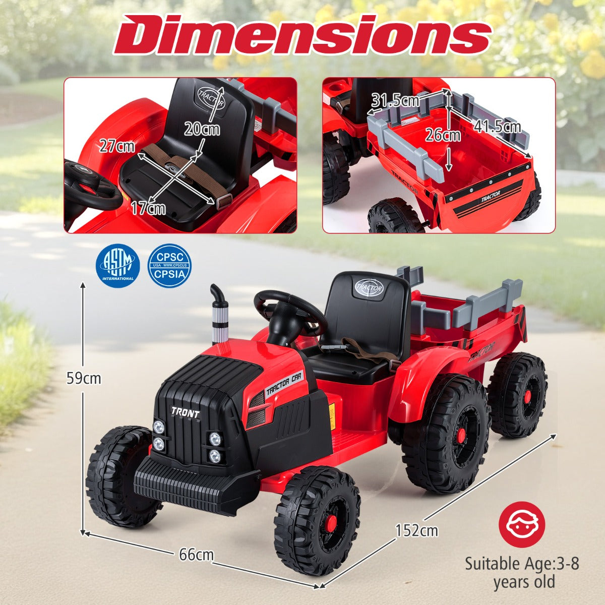 Livsk costway elektrisch kindervoertuig kindertractor met afneembare aanhanger rood 1 1