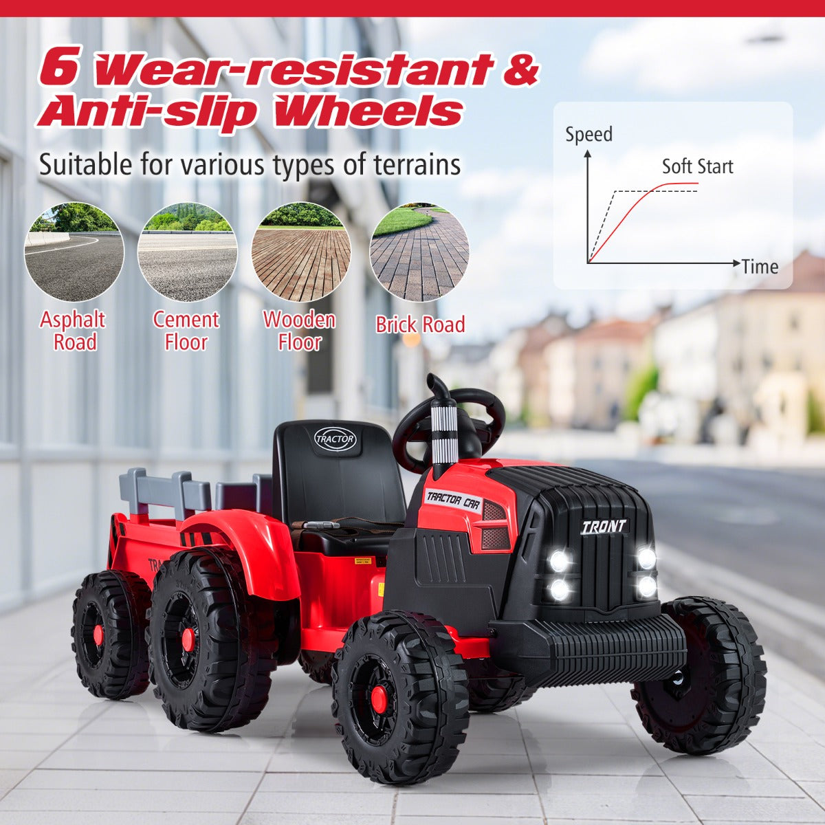 Livsk costway elektrisch kindervoertuig kindertractor met afneembare aanhanger rood 4