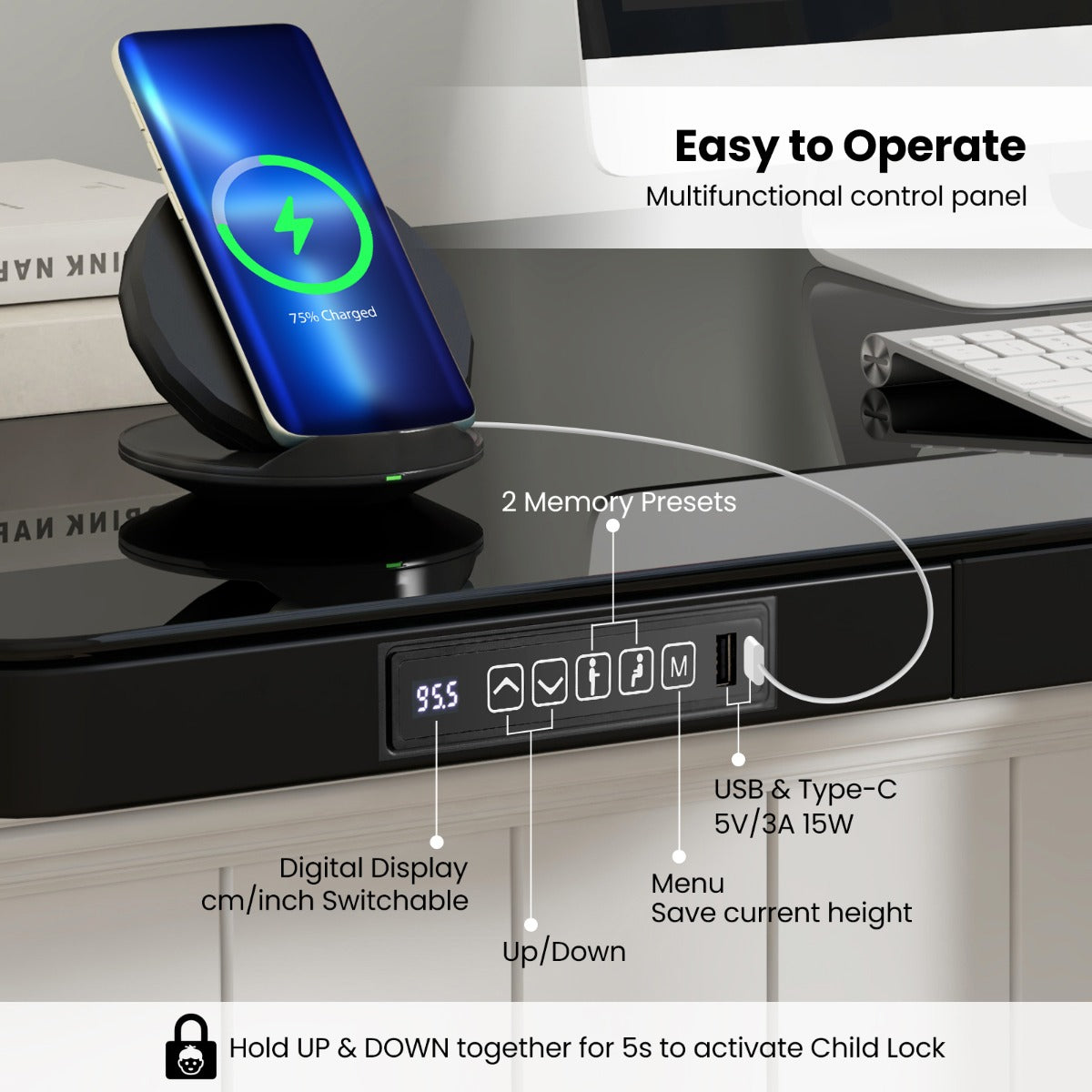 LIVSK Elektrisch Zit-Sta Bureau - Gehard Glas Blad - Verstelbare Hoogte met Geheugenposities - USB/Type-C - Wit/Zwart